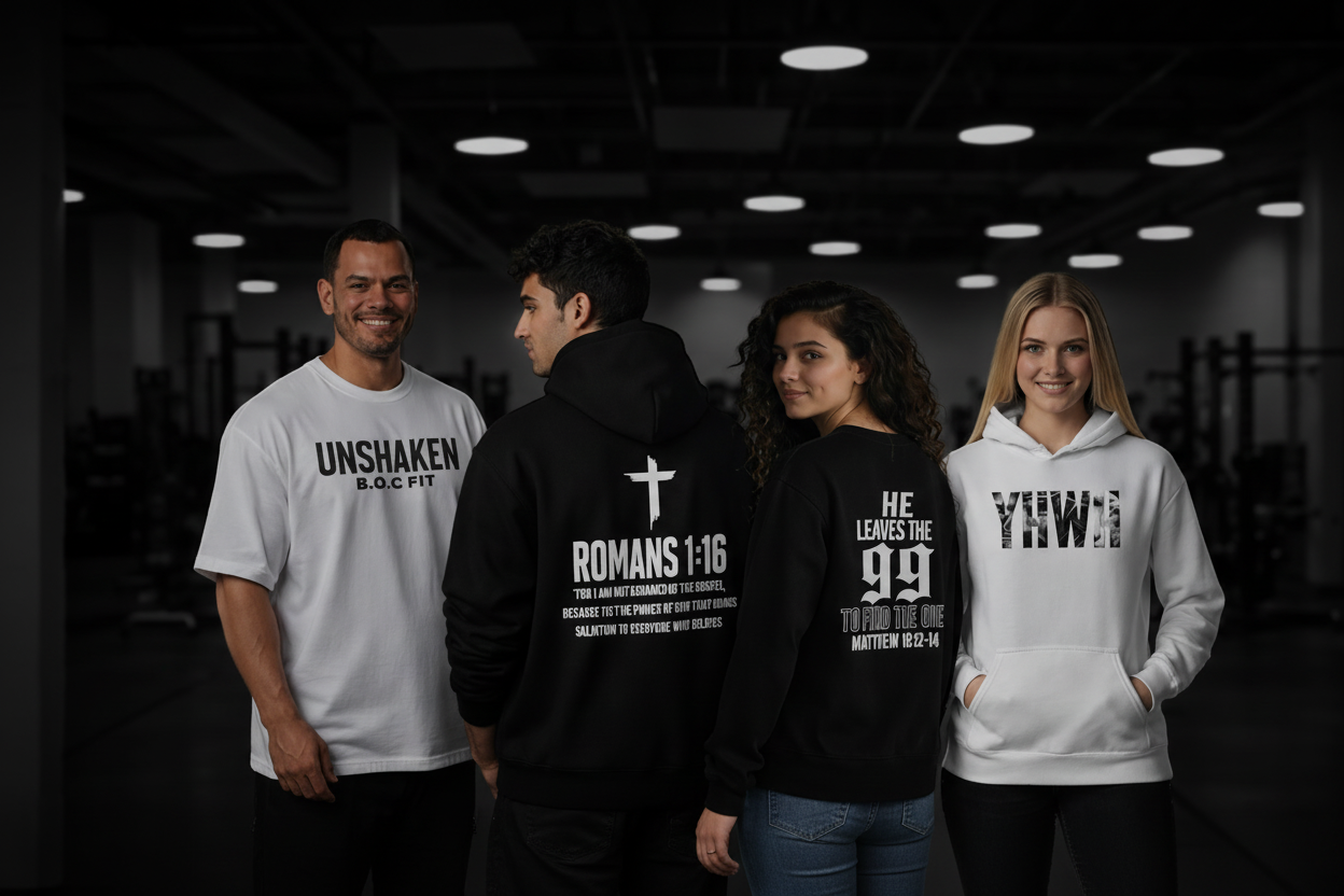 Four people wearing t-shirts and hoodies with text in a gym setting